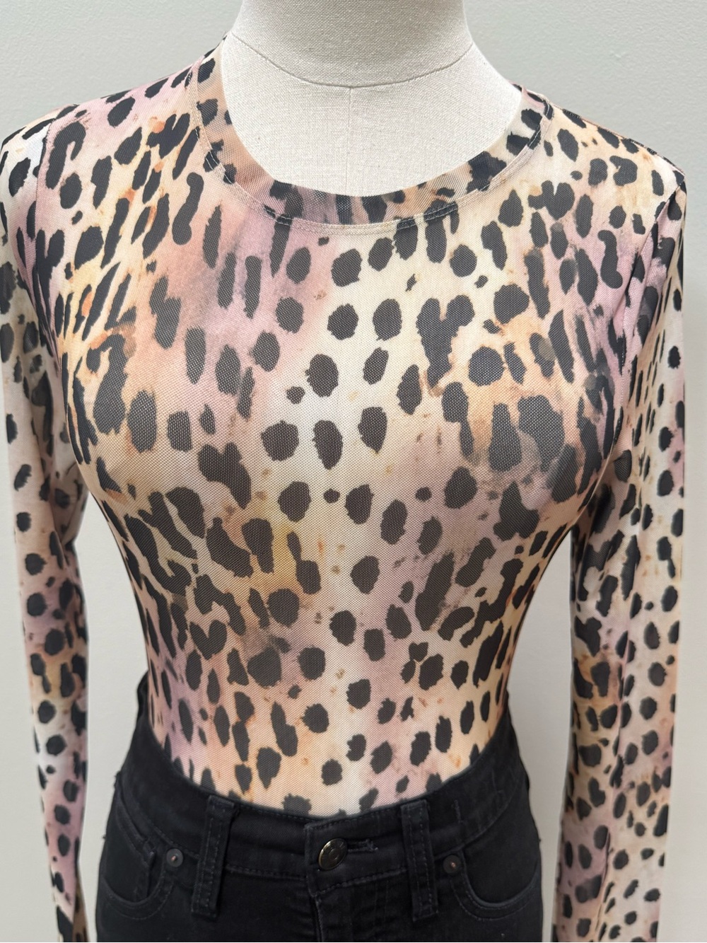 Good American Leopard Print Mesh Long Sleeve Bodysuit